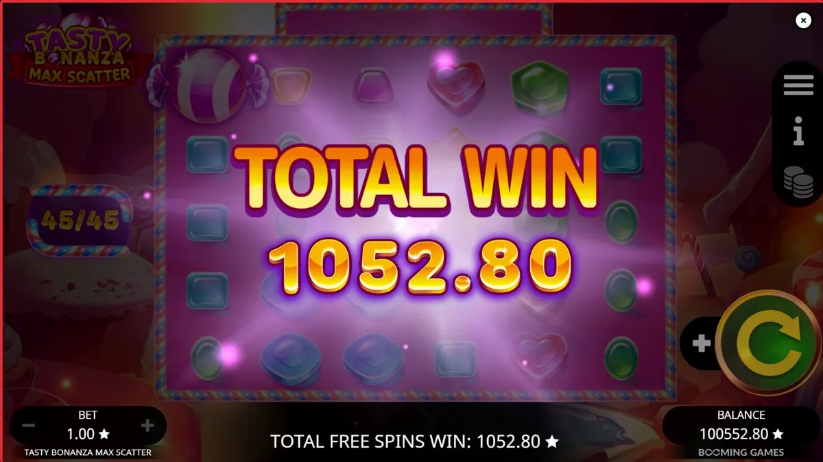 Interface vibrante e colorida do slot Tasty Bonanza Max Scatter com doces flutuantes