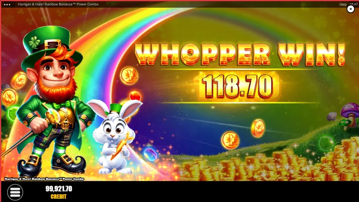Cenário vibrante e mágico do slot Harrigan & Hare Rainbow Bonanza Power Combo com elementos irlandeses